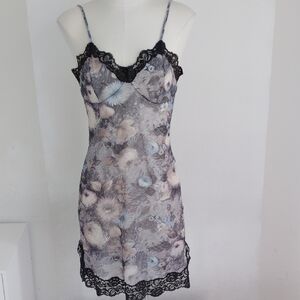 VTG Vassarette Womens Sheer Lace Mini Slip Dress Sz S Dark Floral Whimsigoth Y2K